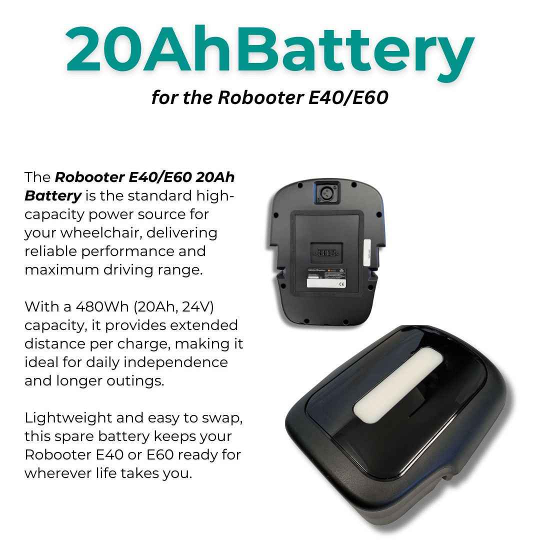 Robooter E40/E60 20Ah battery feature graphic showing the case and connector side